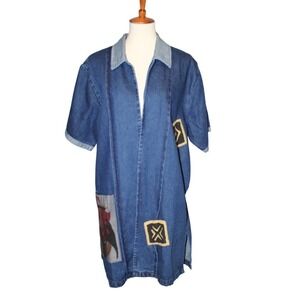 Oversized Denim Shirt Egyptian Painted Designer Top Size 14